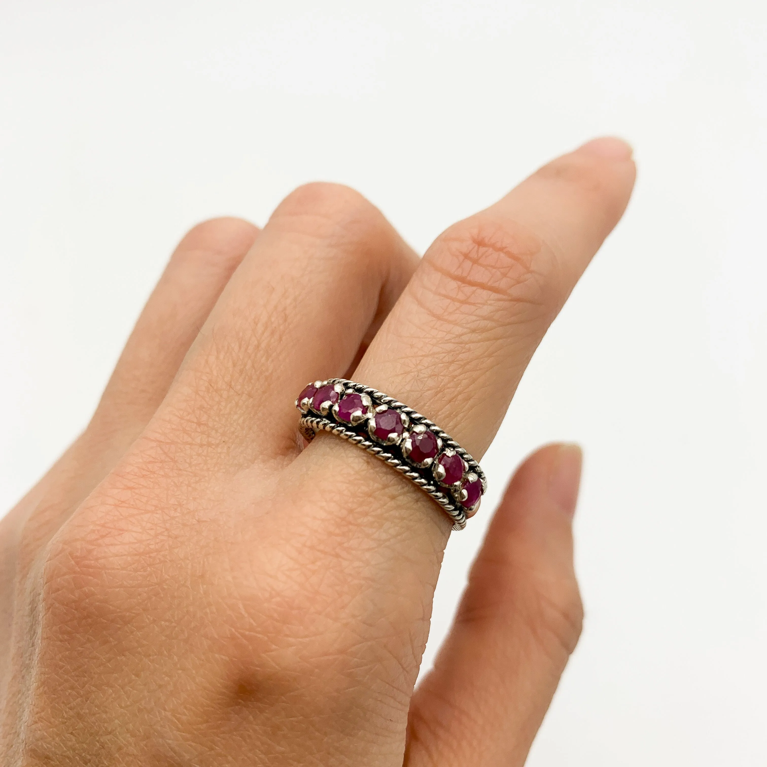 Ruby Vintage Band - Half Eternity Ring - Stackable Ruby Ring