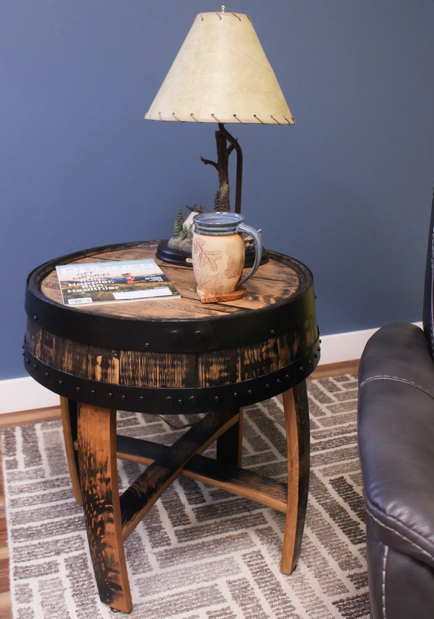 Rustic Barrel Top End Table, Reclaimed Whiskey Barrel Table with Barrel Rings, Amish-Made