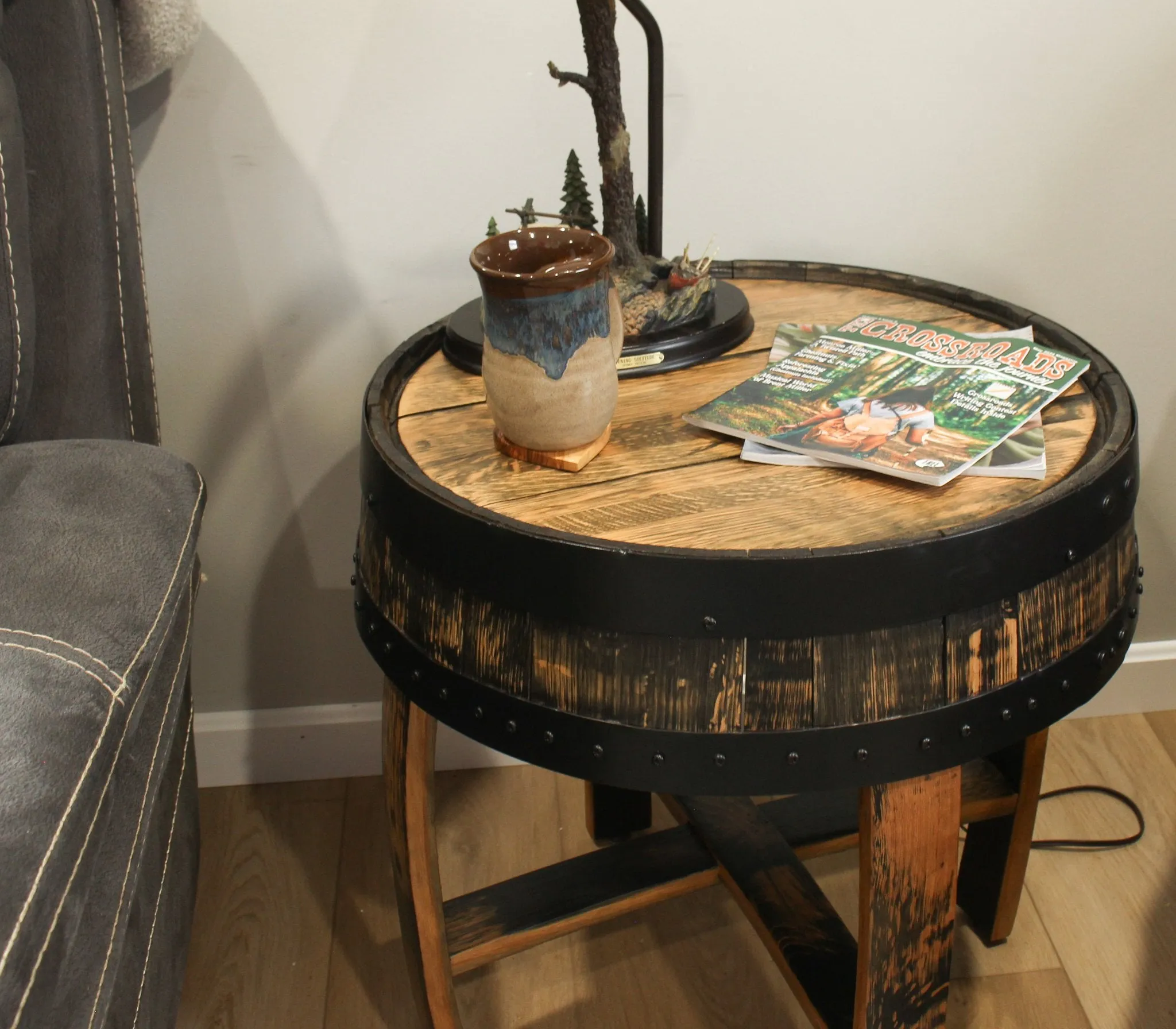 Rustic Barrel Top End Table, Reclaimed Whiskey Barrel Table with Barrel Rings, Amish-Made