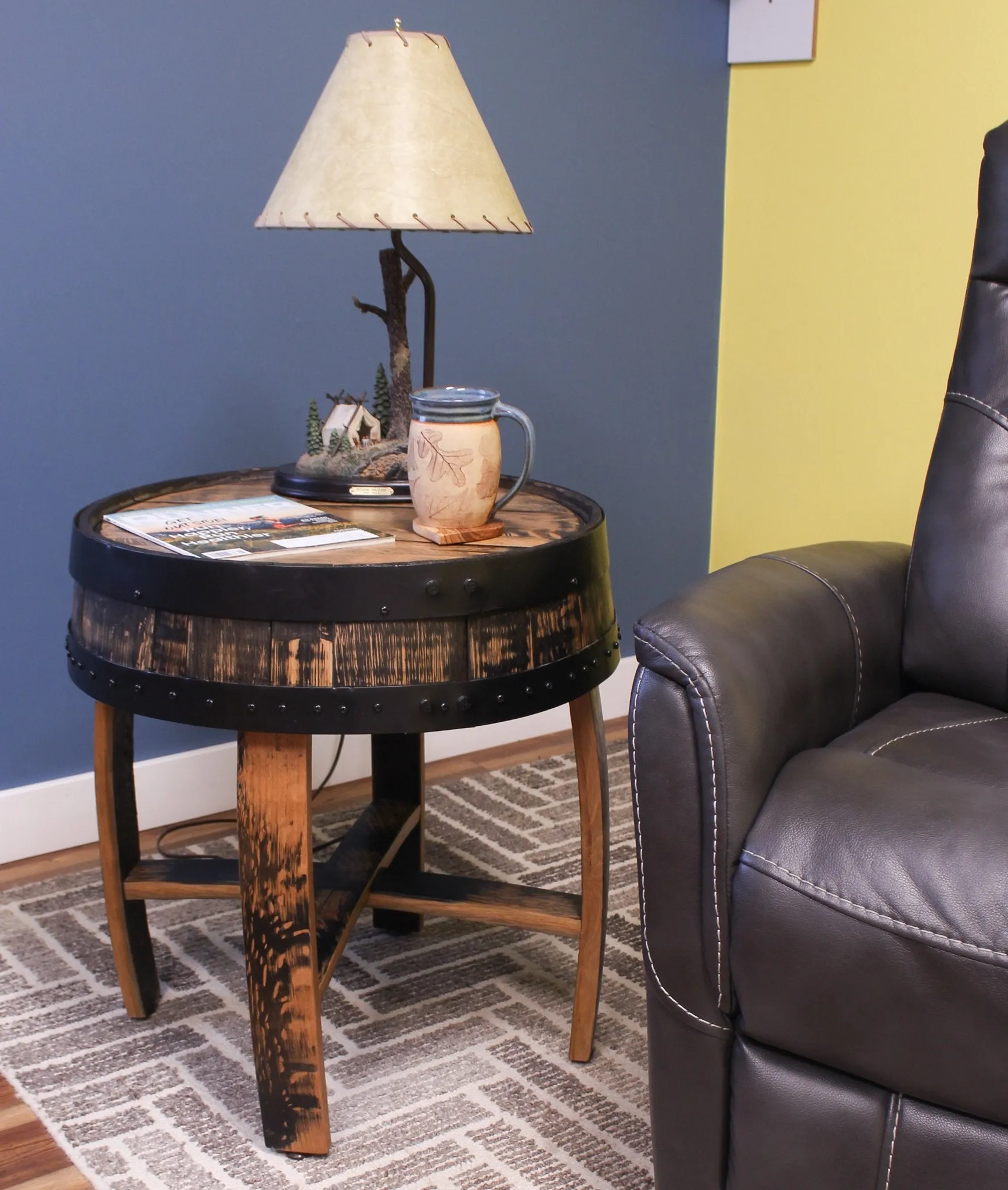 Rustic Barrel Top End Table, Reclaimed Whiskey Barrel Table with Barrel Rings, Amish-Made