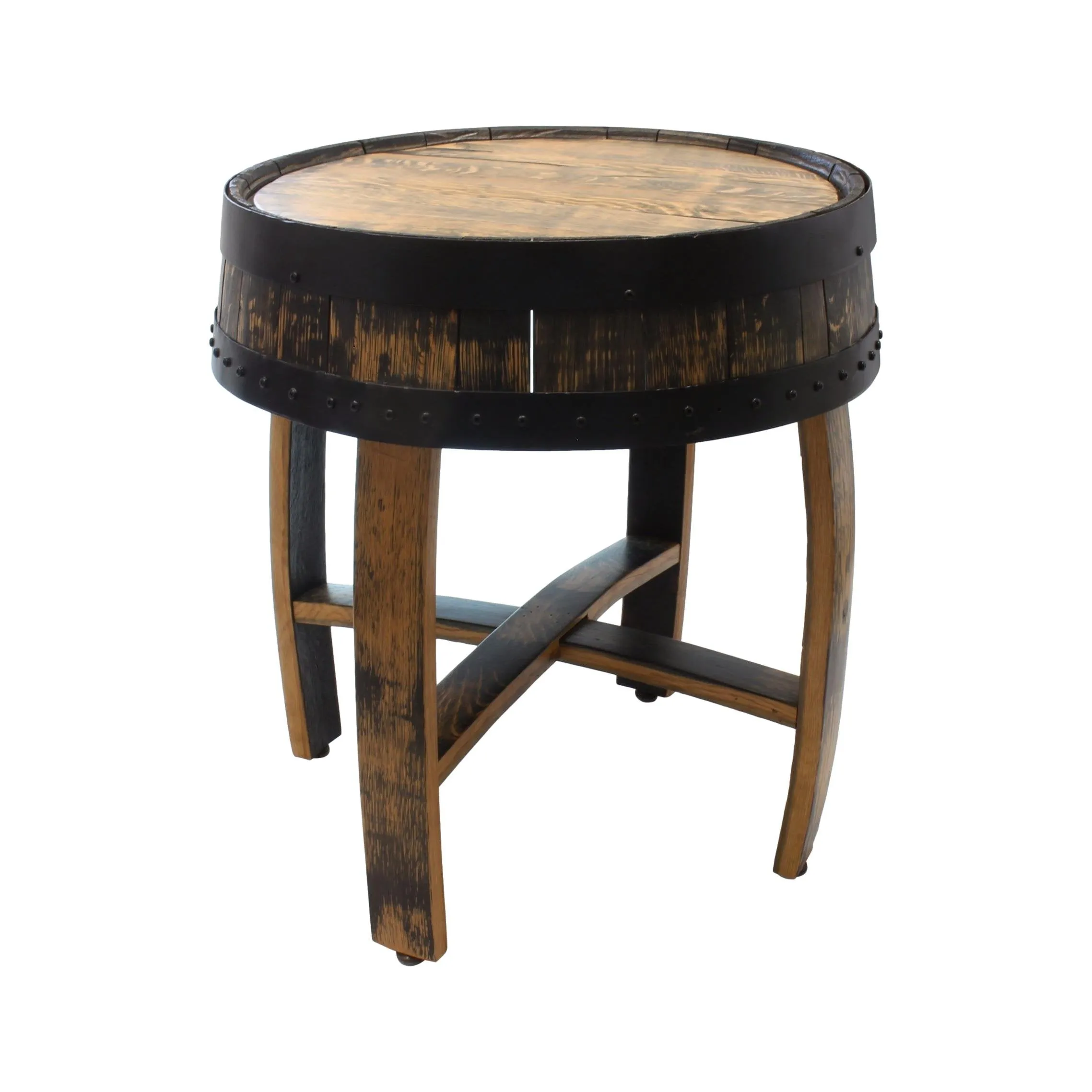 Rustic Barrel Top End Table, Reclaimed Whiskey Barrel Table with Barrel Rings, Amish-Made