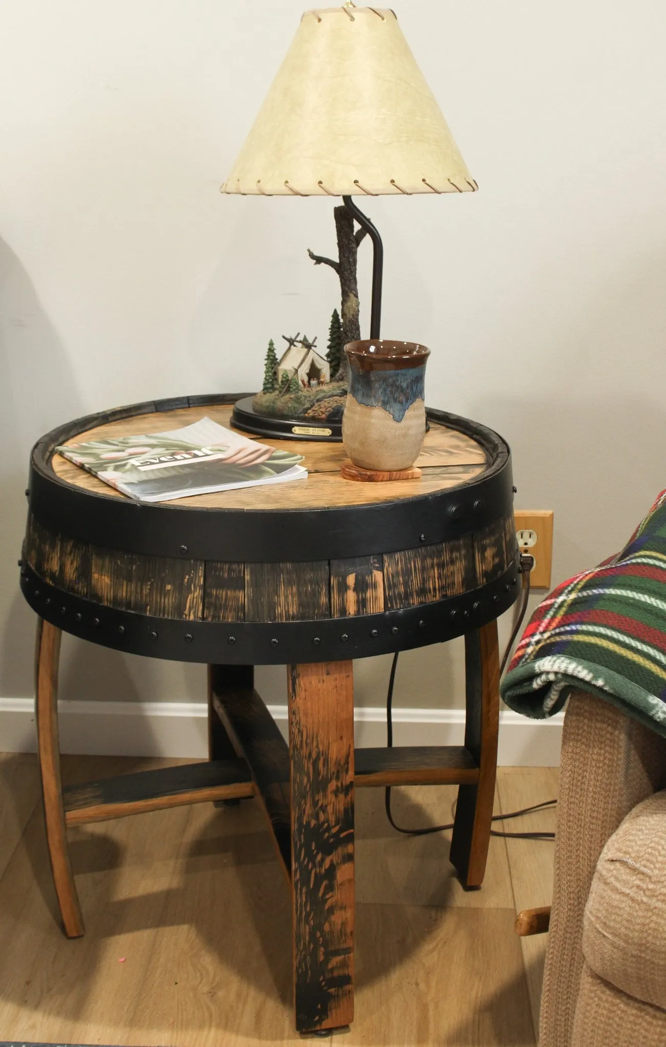 Rustic Barrel Top End Table, Reclaimed Whiskey Barrel Table with Barrel Rings, Amish-Made