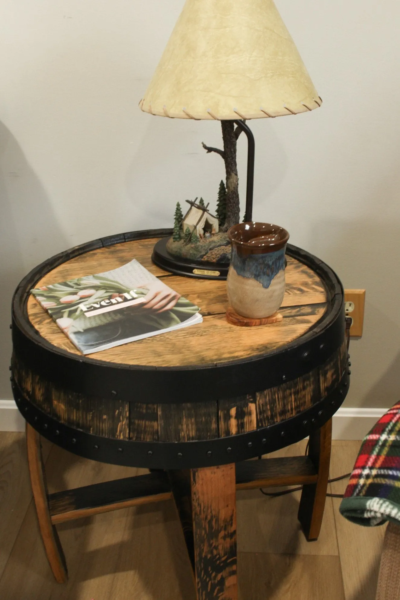 Rustic Barrel Top End Table, Reclaimed Whiskey Barrel Table with Barrel Rings, Amish-Made