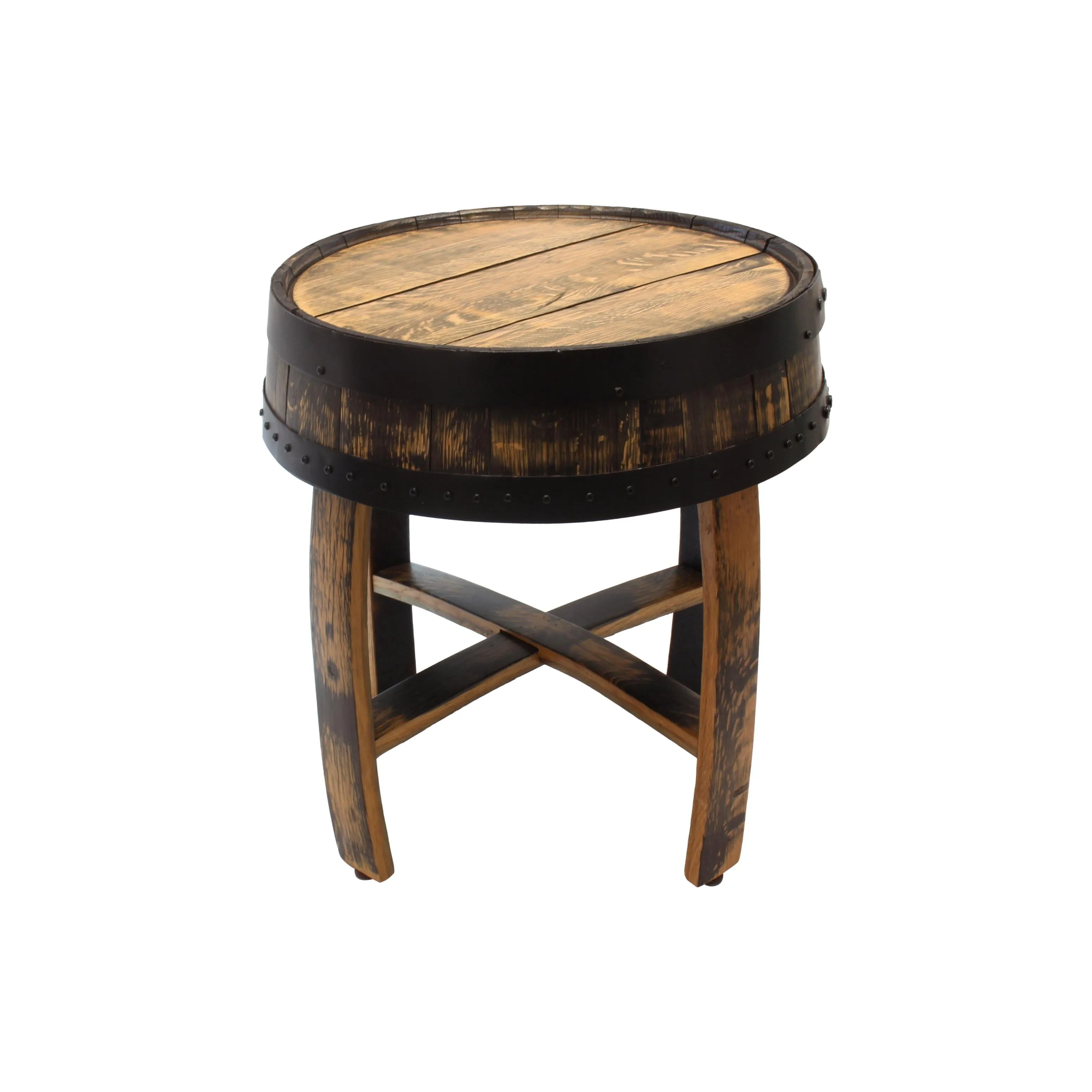 Rustic Barrel Top End Table, Reclaimed Whiskey Barrel Table with Barrel Rings, Amish-Made