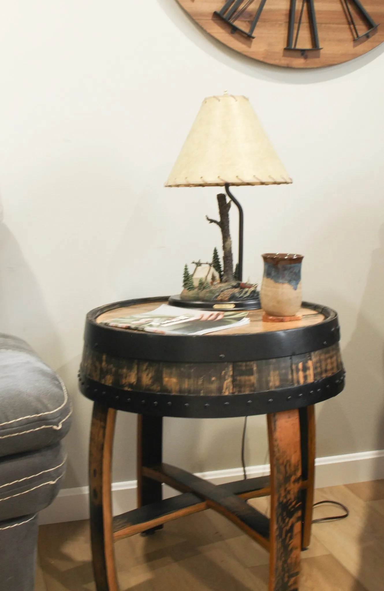 Rustic Barrel Top End Table, Reclaimed Whiskey Barrel Table with Barrel Rings, Amish-Made