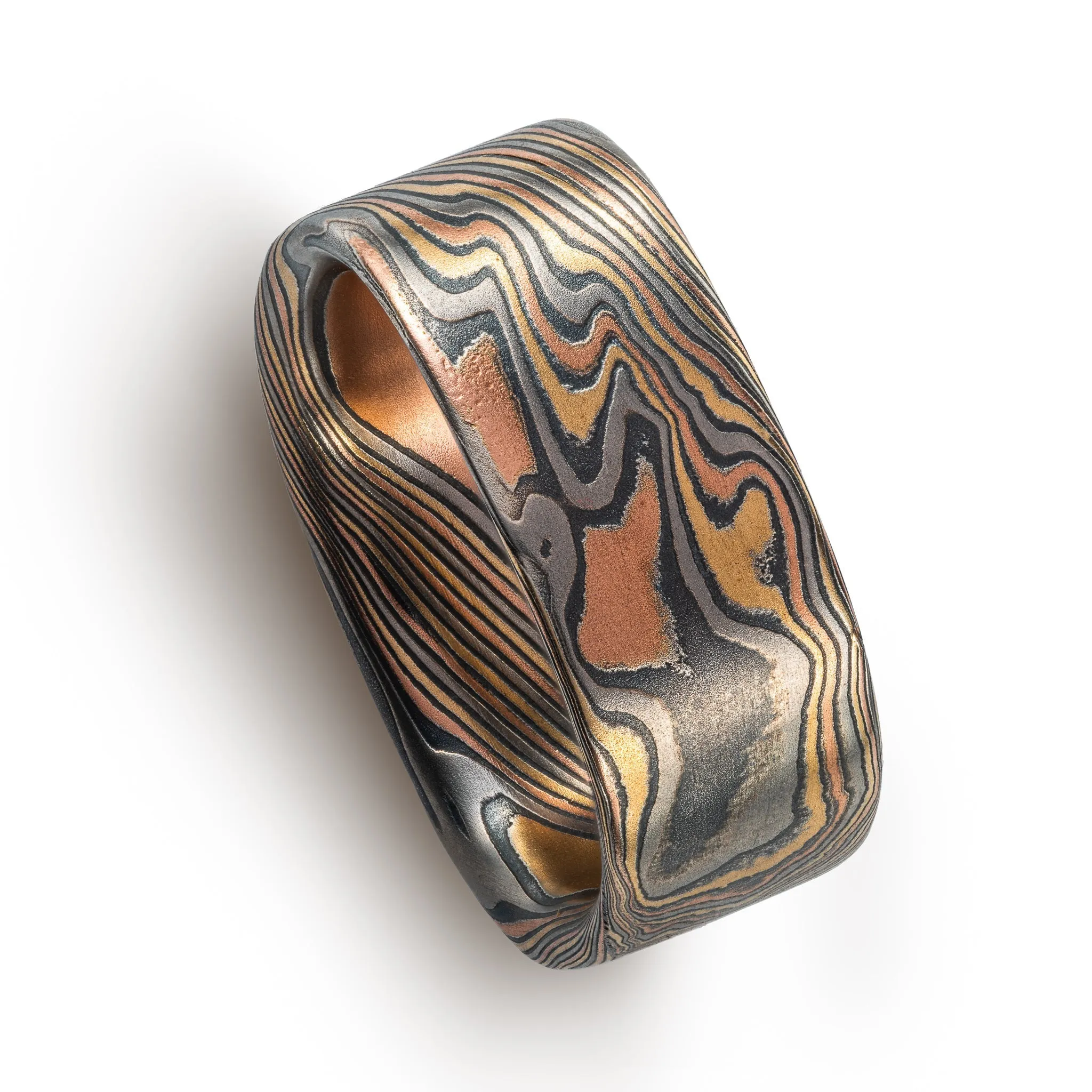 Rustic Mokume Gane Square Band in Firestorm Palette and Twist Pattern