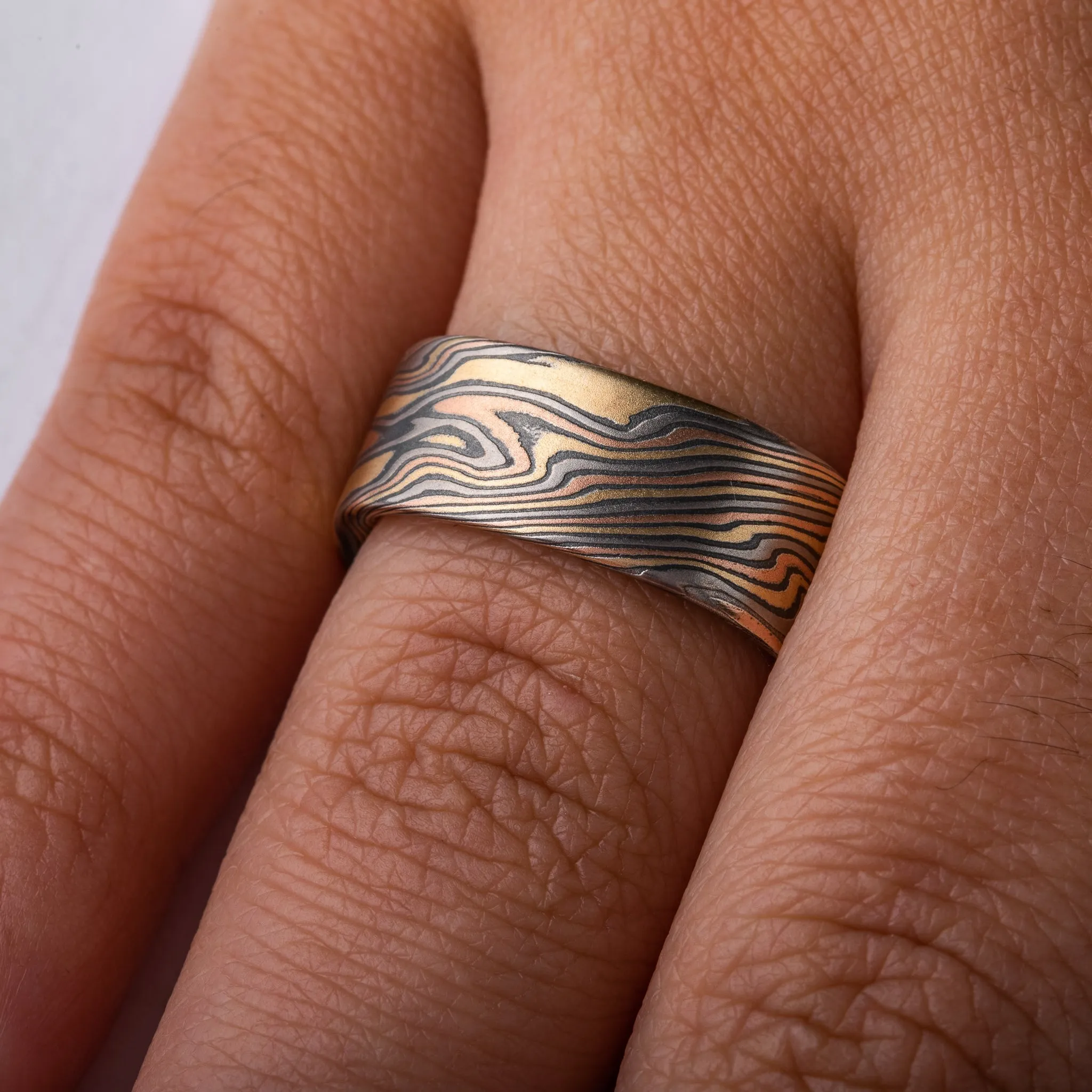 Rustic Mokume Gane Square Band in Firestorm Palette and Twist Pattern