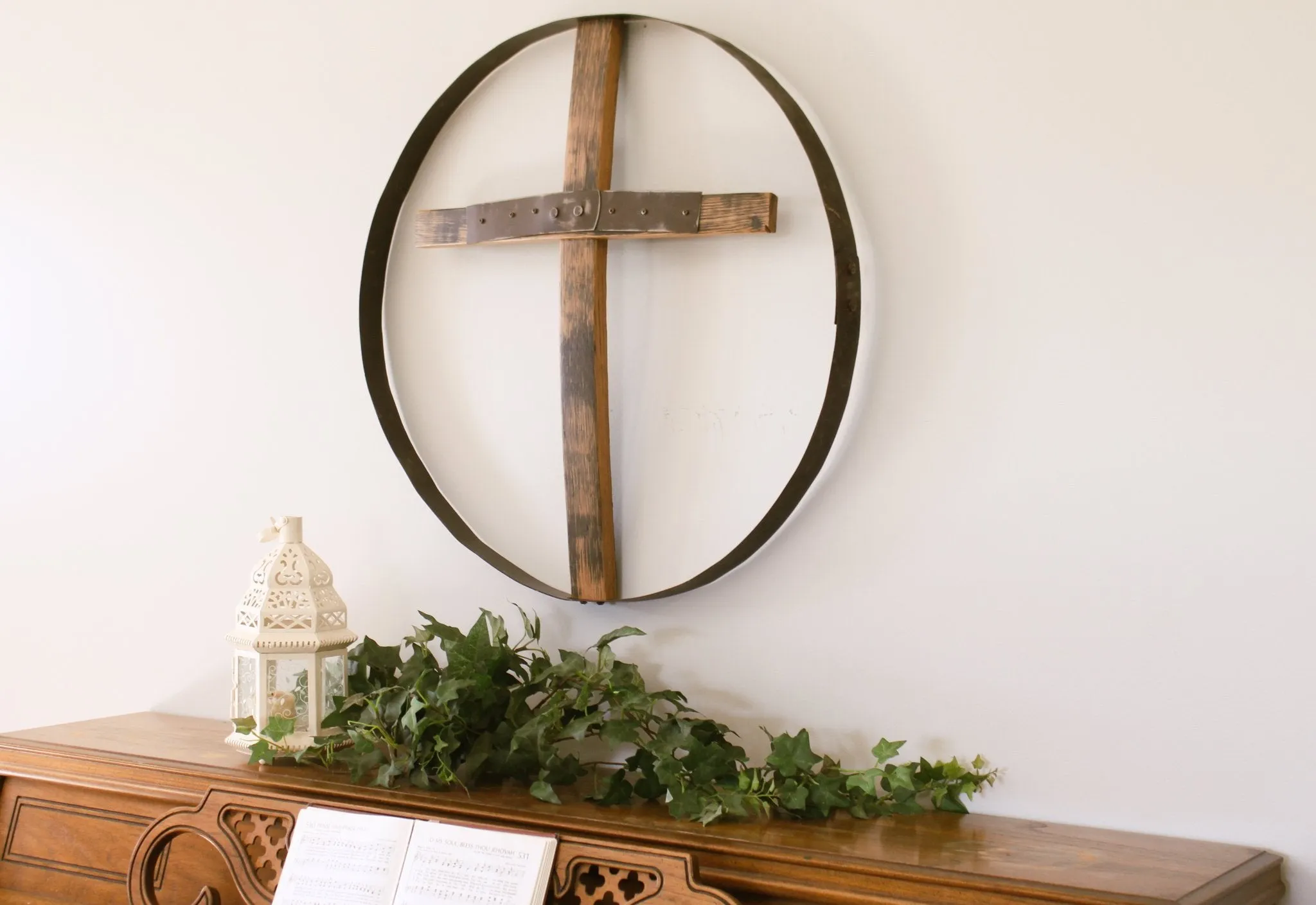 Rustic Reclaimed Barrel Cross Wall Art, Large 23" Diameter Religious Wall Decor, Amish-Made