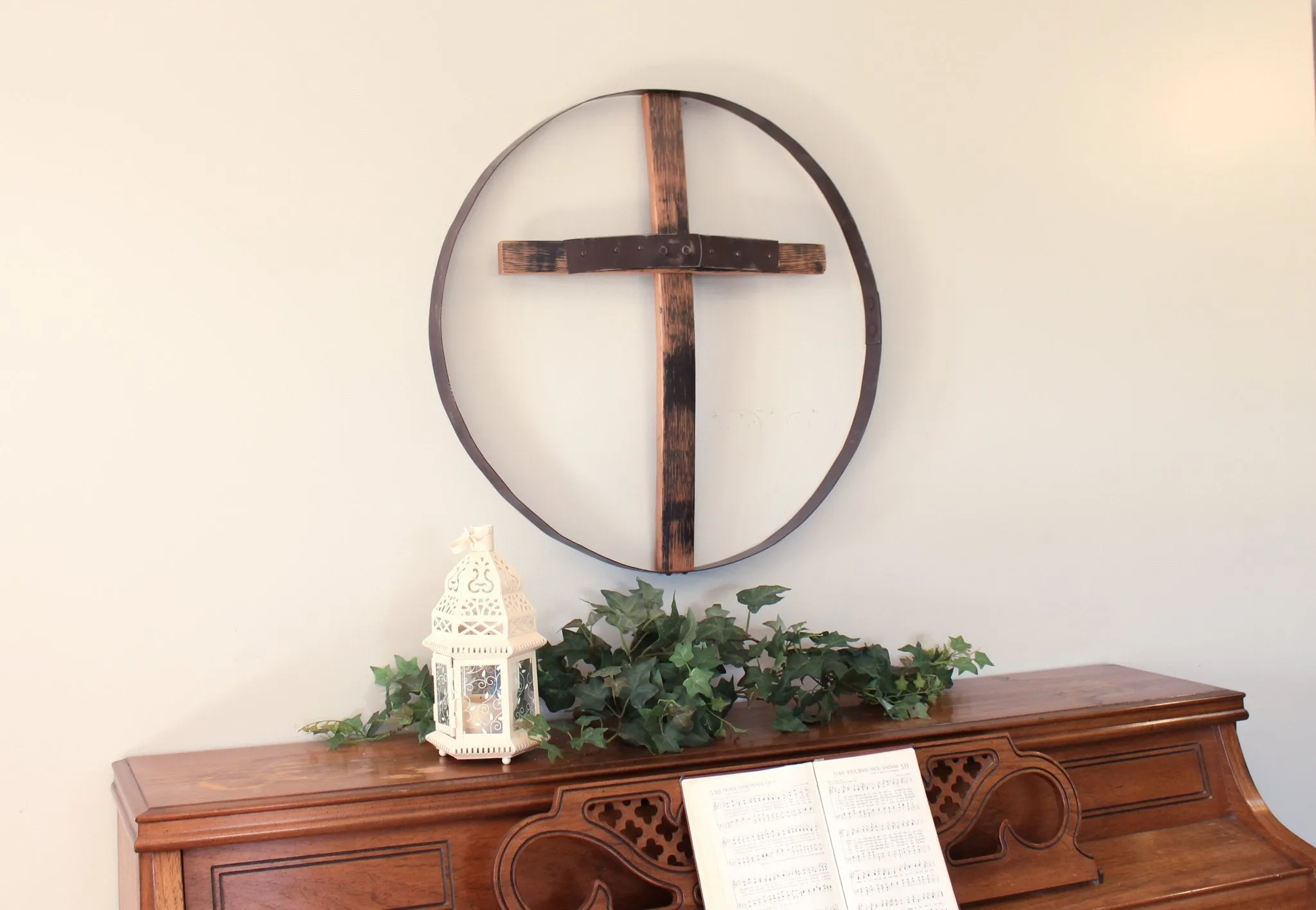 Rustic Reclaimed Barrel Cross Wall Art, Large 23" Diameter Religious Wall Decor, Amish-Made