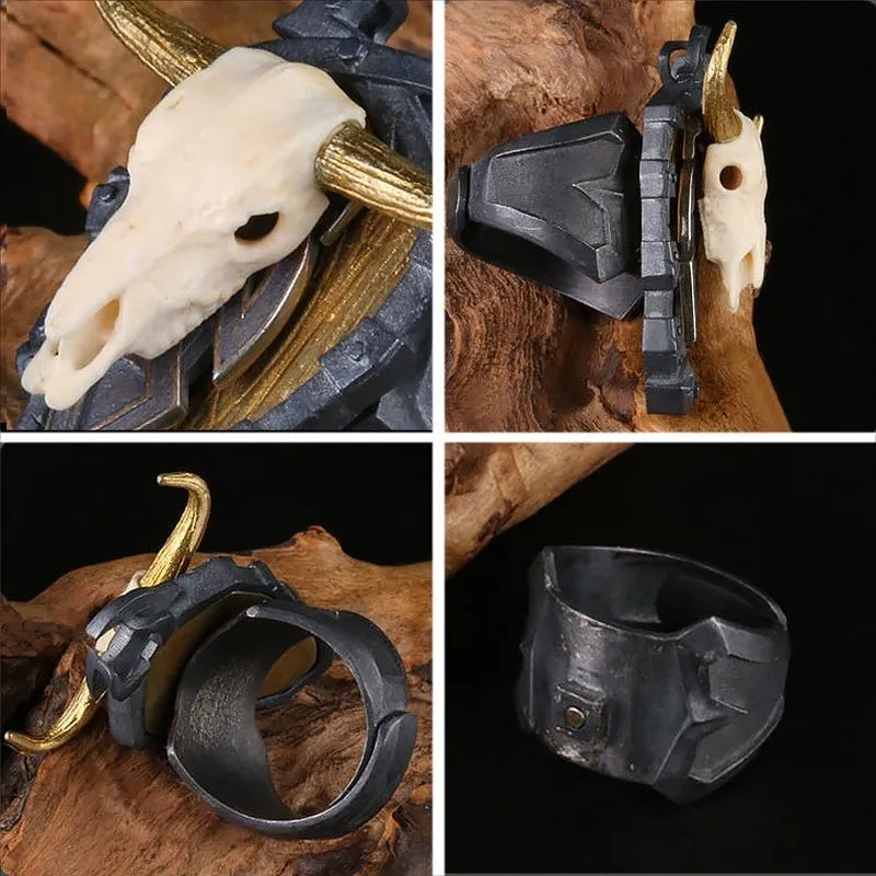 Rustic Steer Skull S925 Adjustable Ring for Men