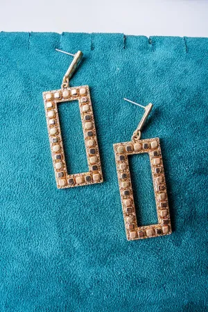 SALE! Worn Goldtone Cube Bead Rectangle Earrings