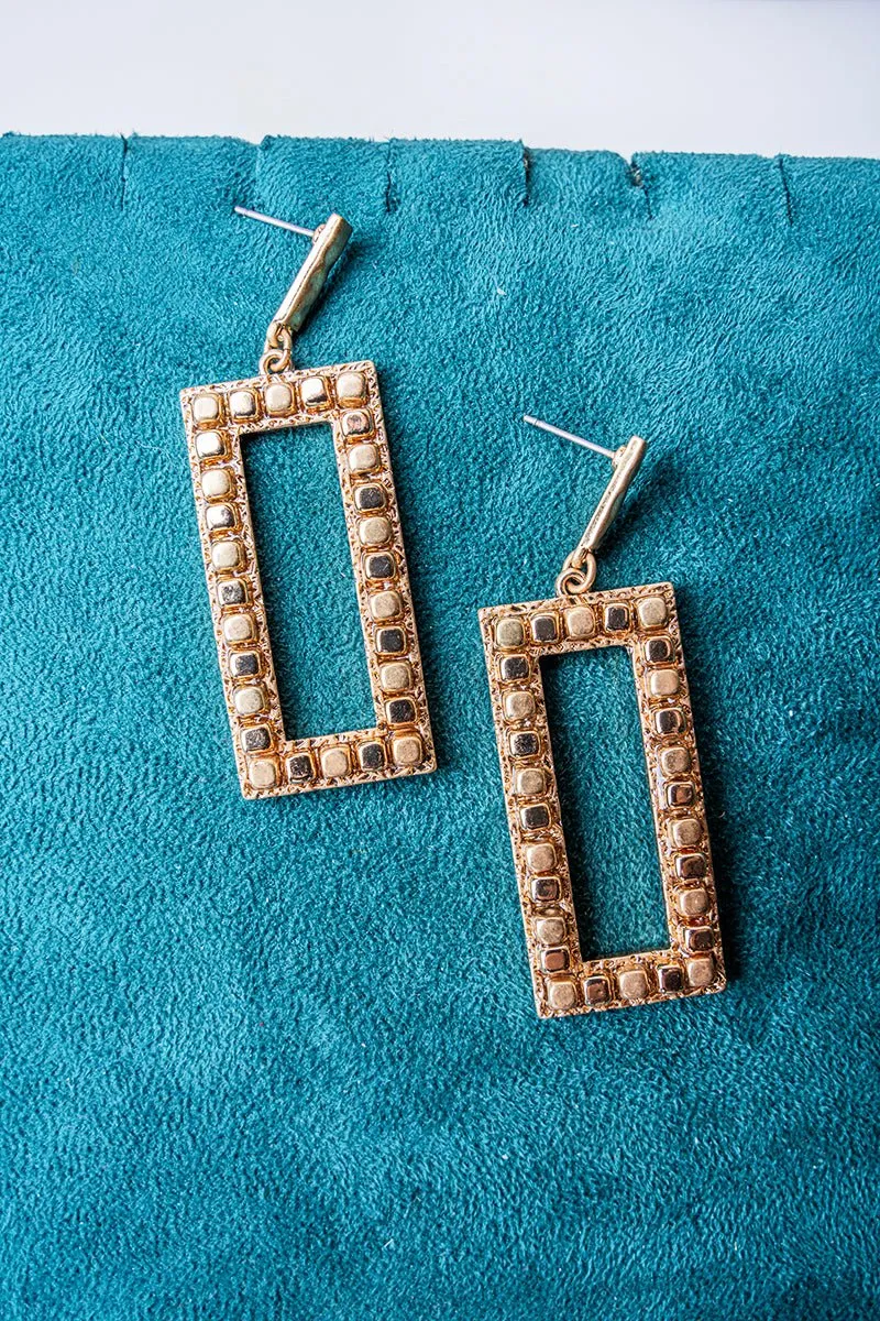 SALE! Worn Goldtone Cube Bead Rectangle Earrings