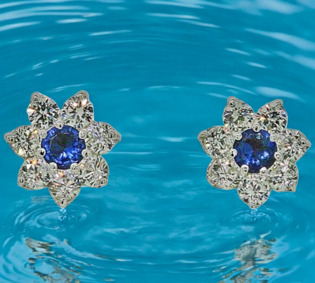 Sapphire Blue and Diamond White Halo Stud Earrings