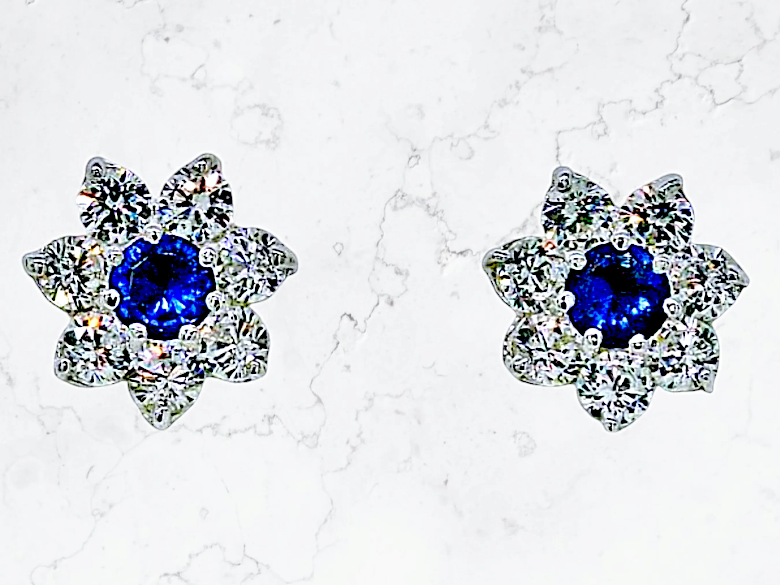 Sapphire Blue and Diamond White Halo Stud Earrings