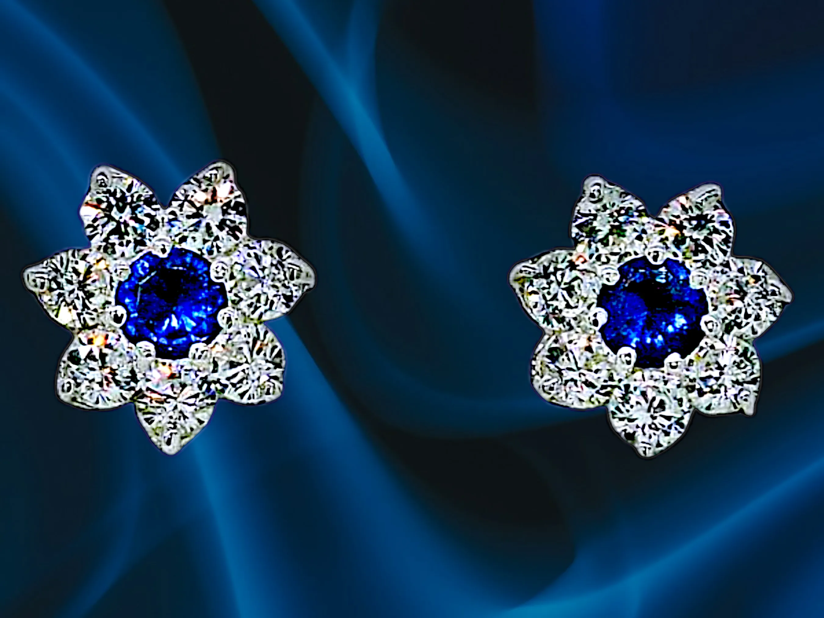 Sapphire Blue and Diamond White Halo Stud Earrings