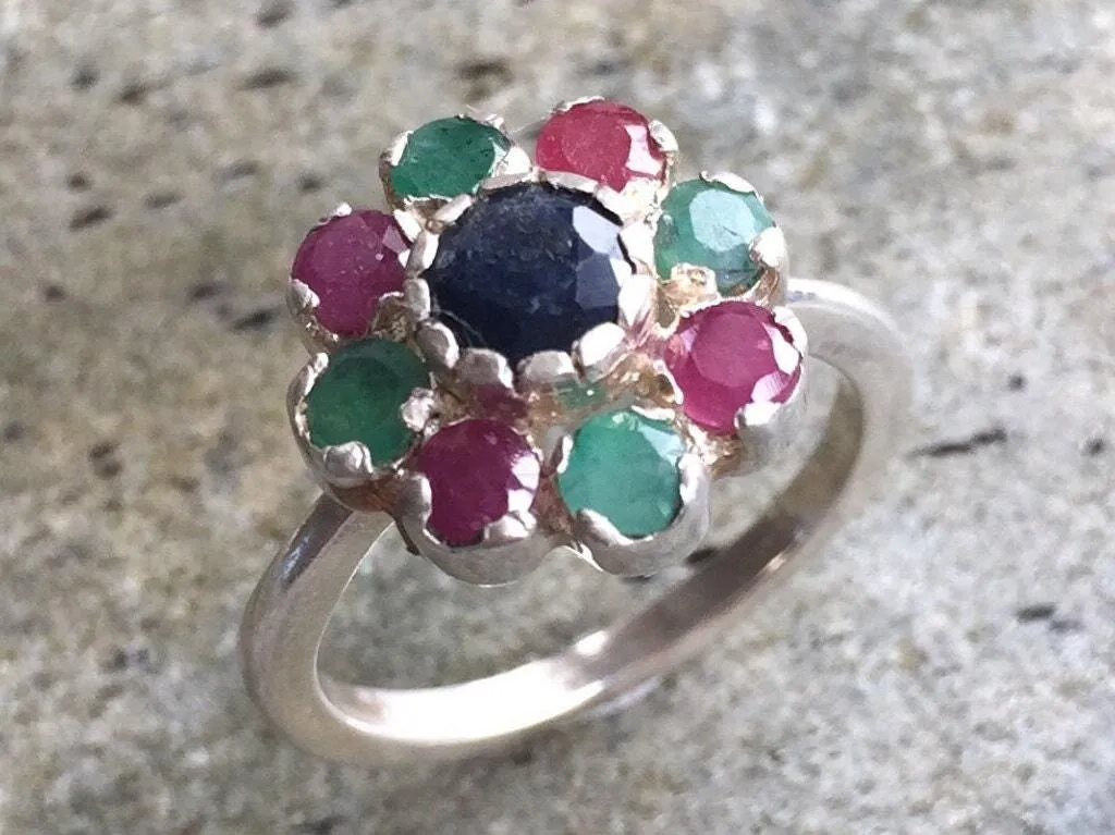 Sapphire Flower Ring - Colorful Daisy Ring - Multistone Silver Ring