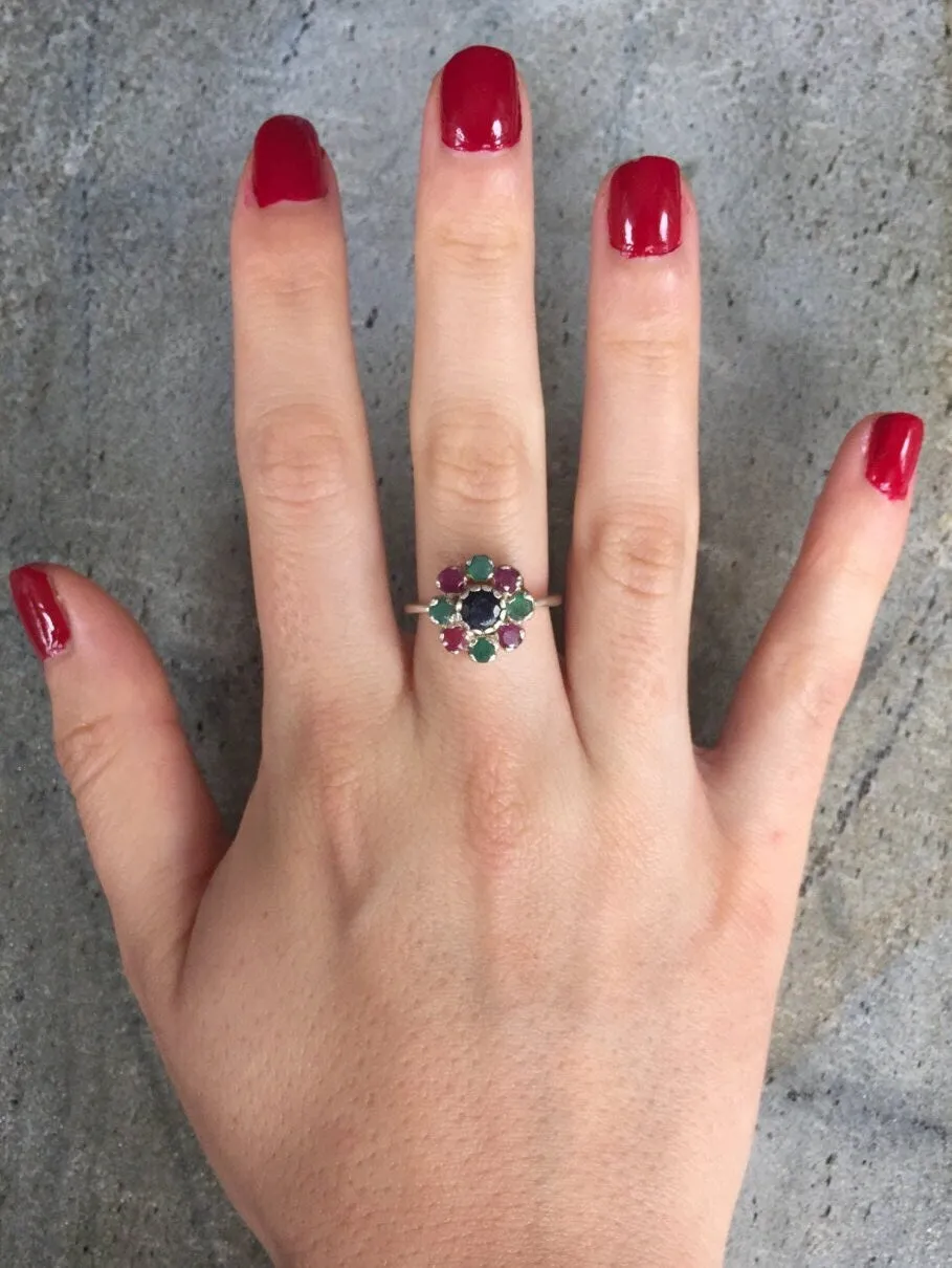 Sapphire Flower Ring - Colorful Daisy Ring - Multistone Silver Ring