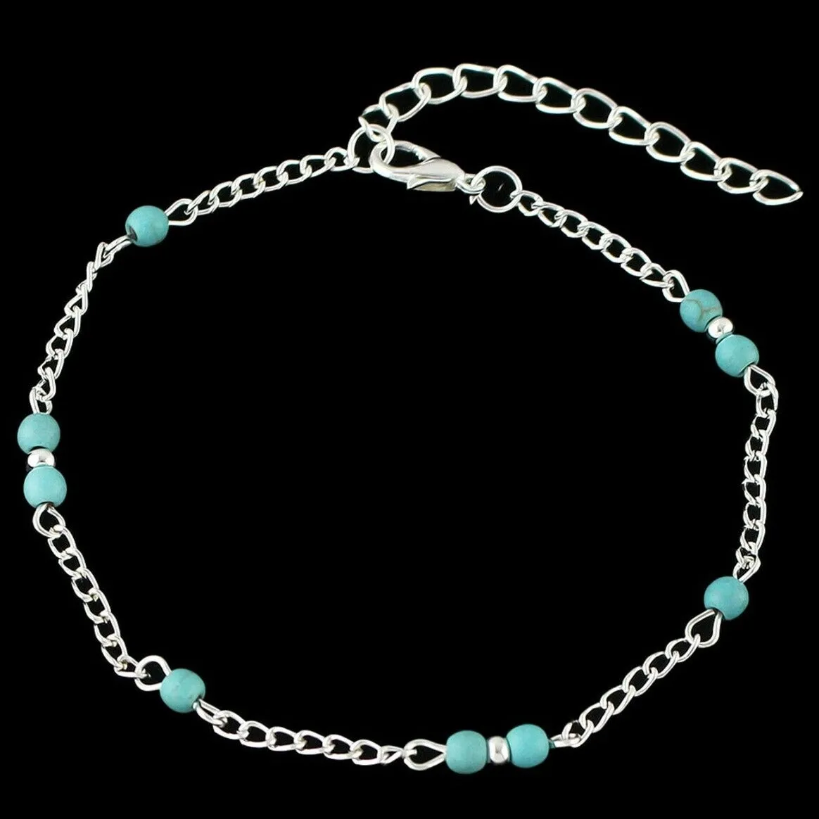 Silver Anklet with Turquiose Beads - Boho Style