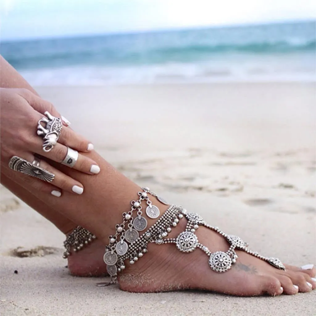 Silver Color Bohemian Metal Tassel Anklet Luxury Charm Coin Ankle Bracelet For Women