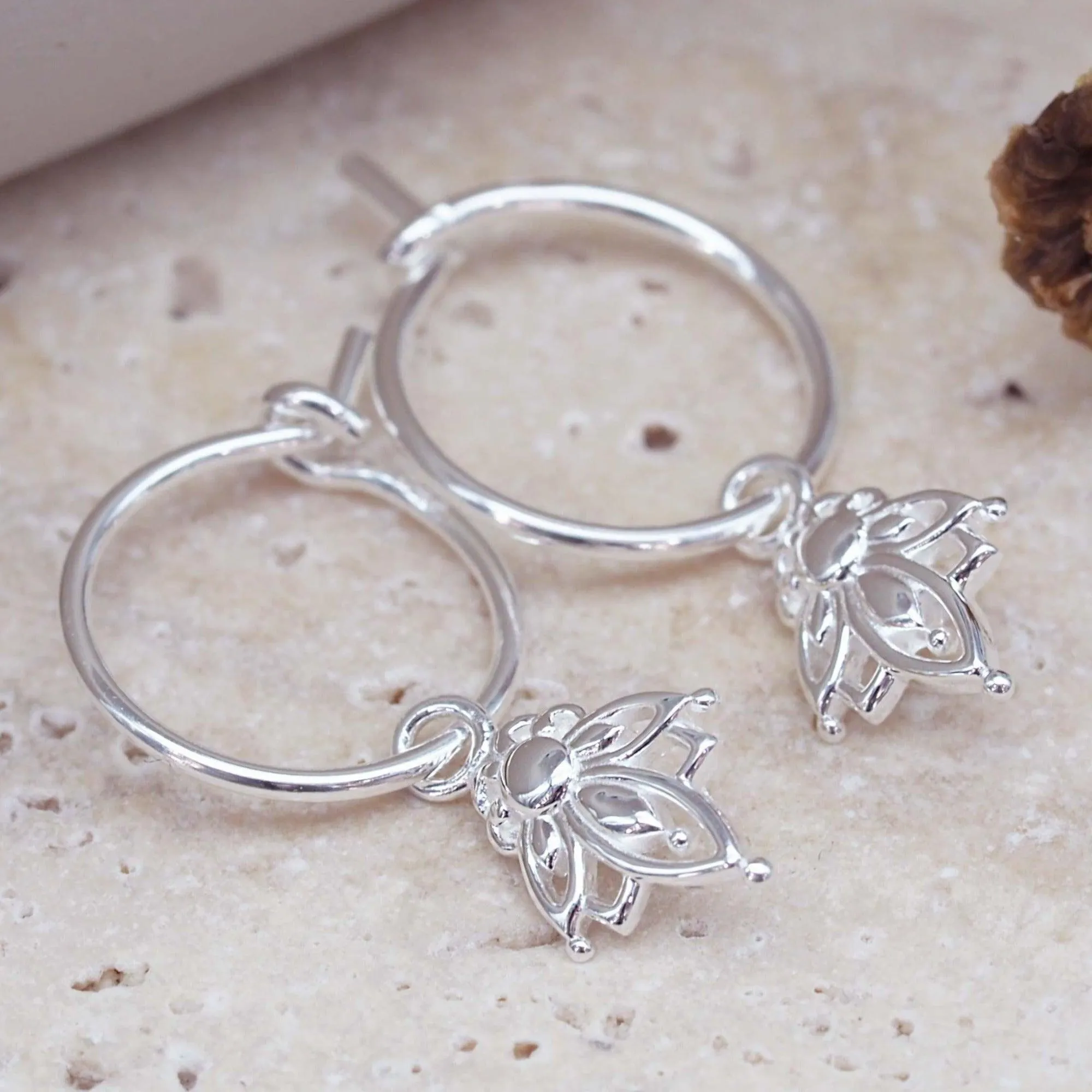 Silver Dainty Lotus Hoop Earrings