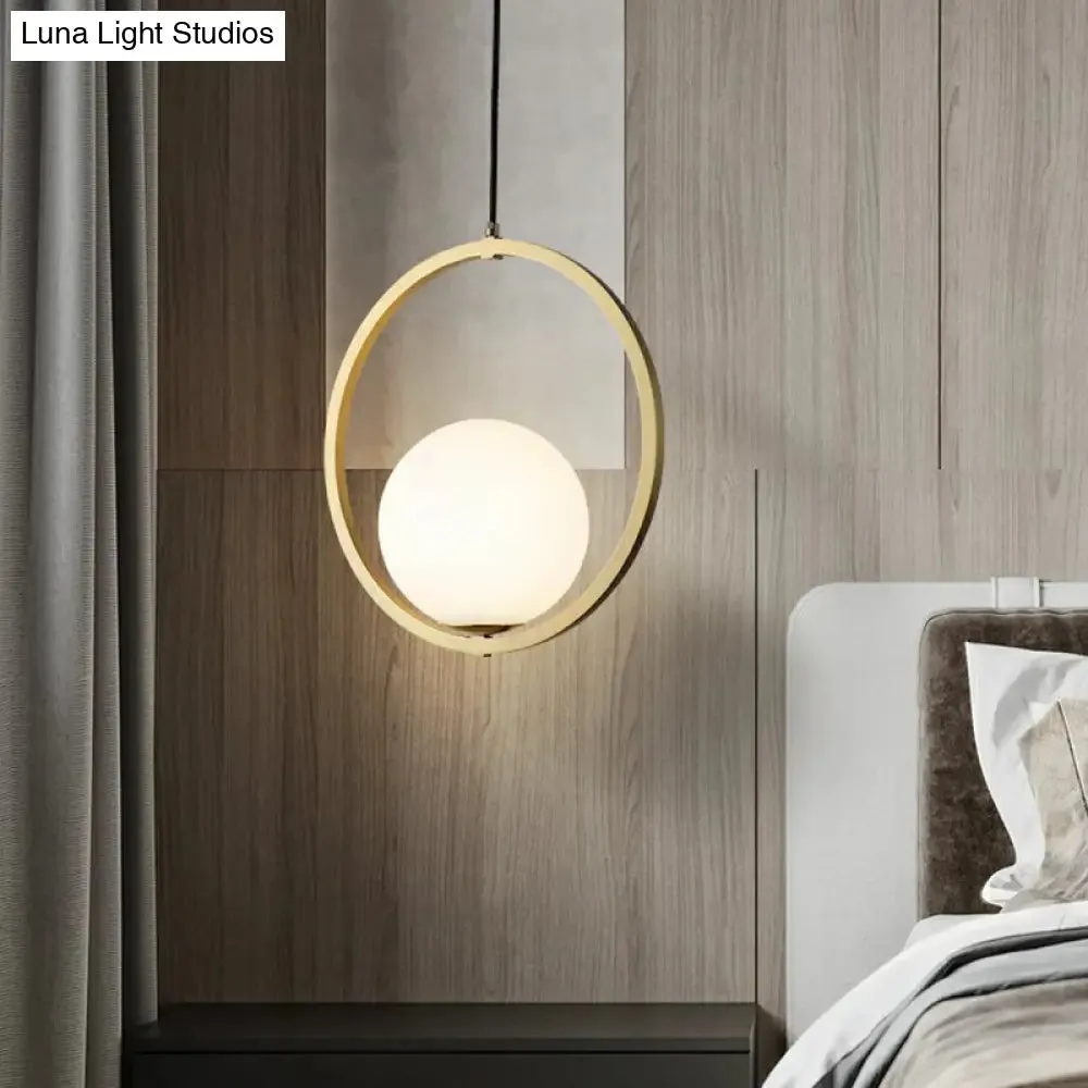 Simplicity Single Brass Pendant Lamp with Opaque Glass Shade and Metal Ring - Ball Suspension Ceiling Fixture