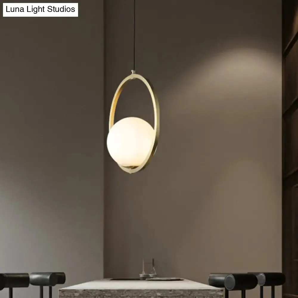 Simplicity Single Brass Pendant Lamp with Opaque Glass Shade and Metal Ring - Ball Suspension Ceiling Fixture