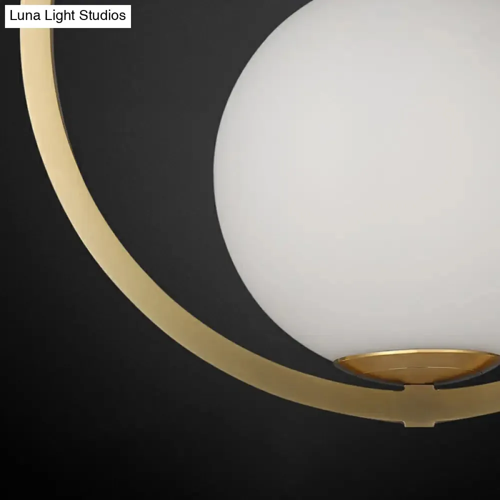 Simplicity Single Brass Pendant Lamp with Opaque Glass Shade and Metal Ring - Ball Suspension Ceiling Fixture