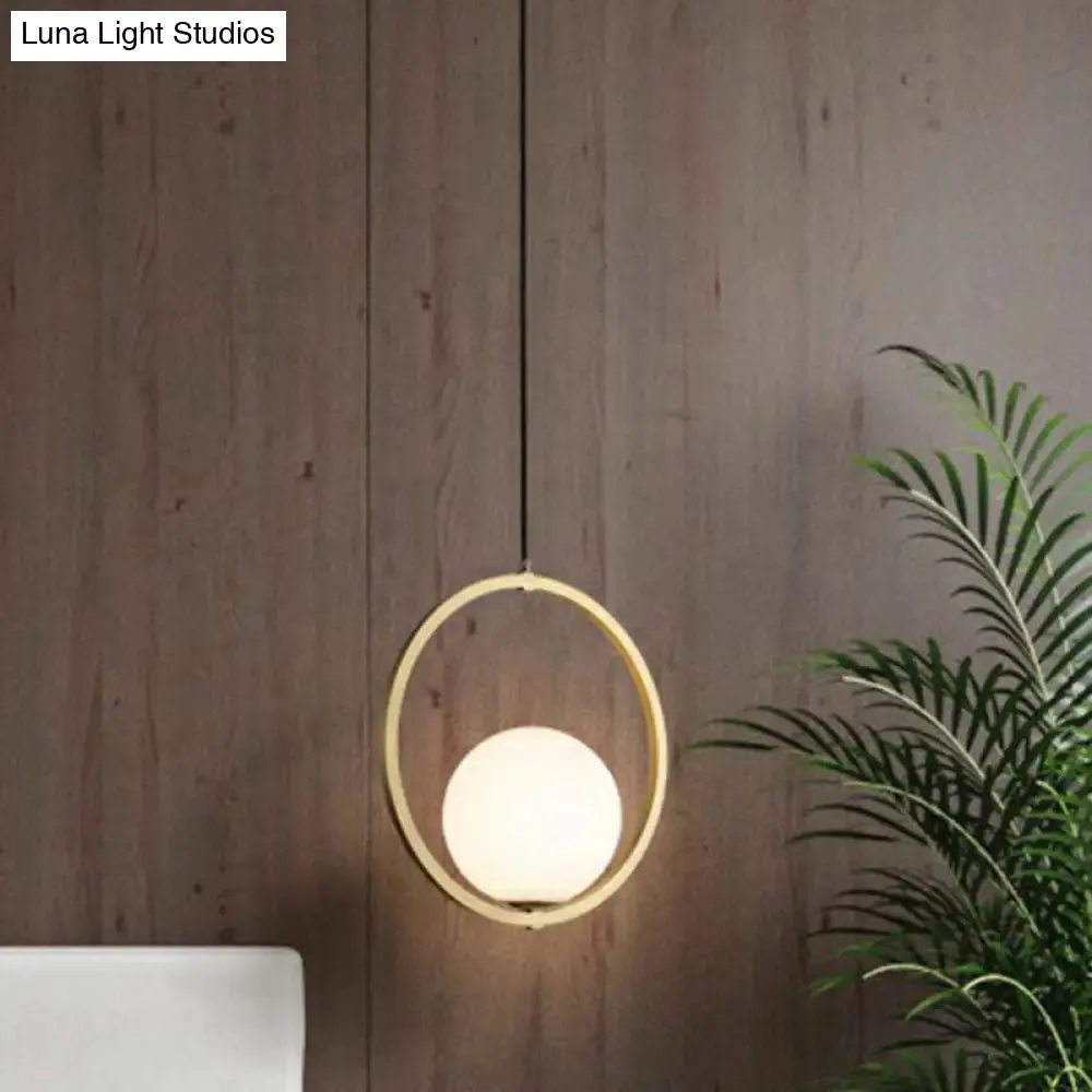 Simplicity Single Brass Pendant Lamp with Opaque Glass Shade and Metal Ring - Ball Suspension Ceiling Fixture