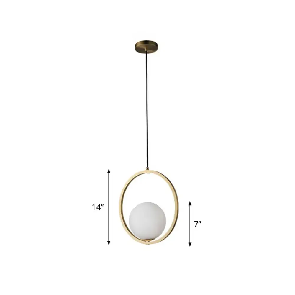 Simplicity Single Brass Pendant Lamp with Opaque Glass Shade and Metal Ring - Ball Suspension Ceiling Fixture