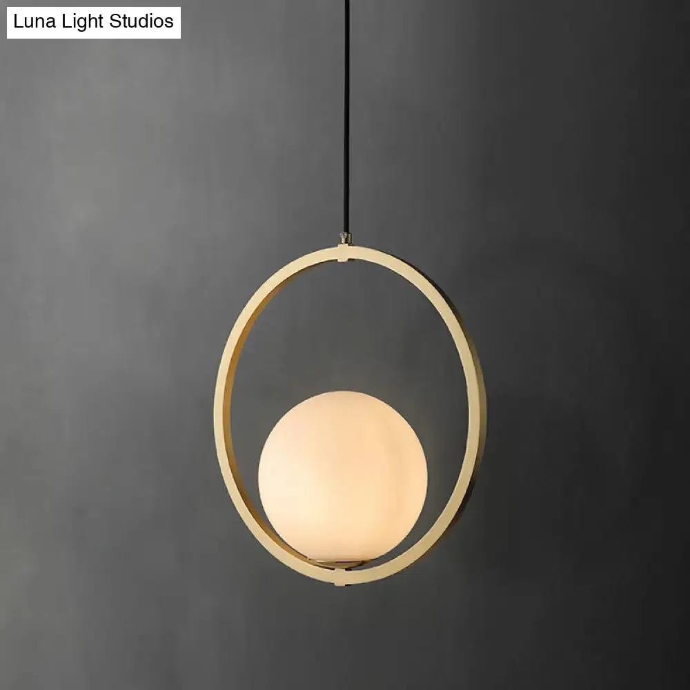 Simplicity Single Brass Pendant Lamp with Opaque Glass Shade and Metal Ring - Ball Suspension Ceiling Fixture