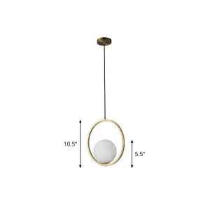 Simplicity Single Brass Pendant Lamp with Opaque Glass Shade and Metal Ring - Ball Suspension Ceiling Fixture