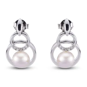 Sterling Silver Fresh Water Pearl & Diamond Earrings w/ 0.05 ctw Dia., 7 -- 7.5 mm Pearls