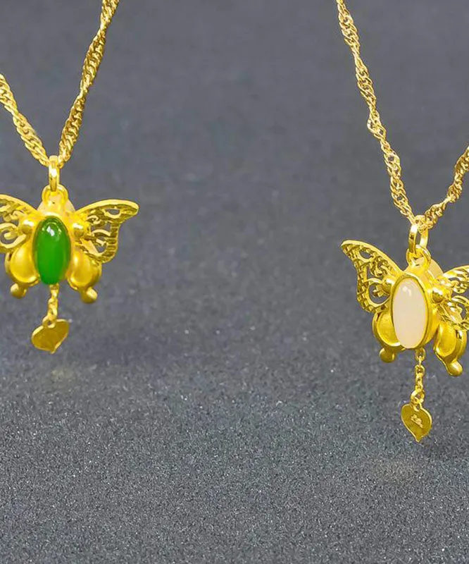 Stylish Gold Asymmetricar Overgild Inlaid Jade Butterfly Pendant Necklace TW1033