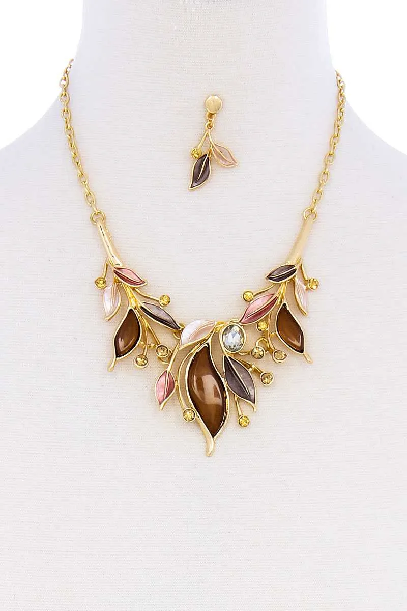 Stylish Multi Rhinestone Leaf Necklace And Earring Set