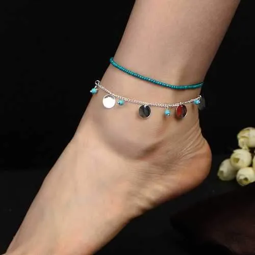 Summer Beach Multilayer Blue Bead Coin Pendant Ankle