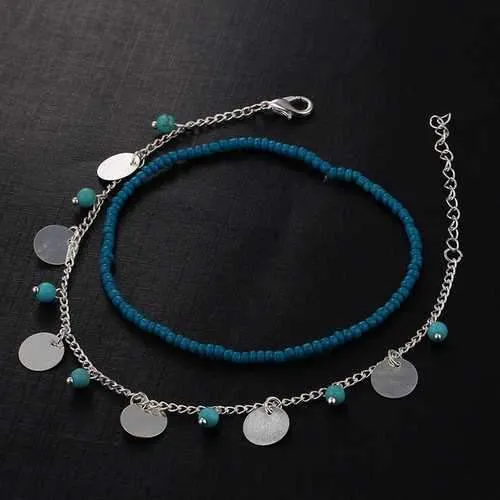 Summer Beach Multilayer Blue Bead Coin Pendant Ankle