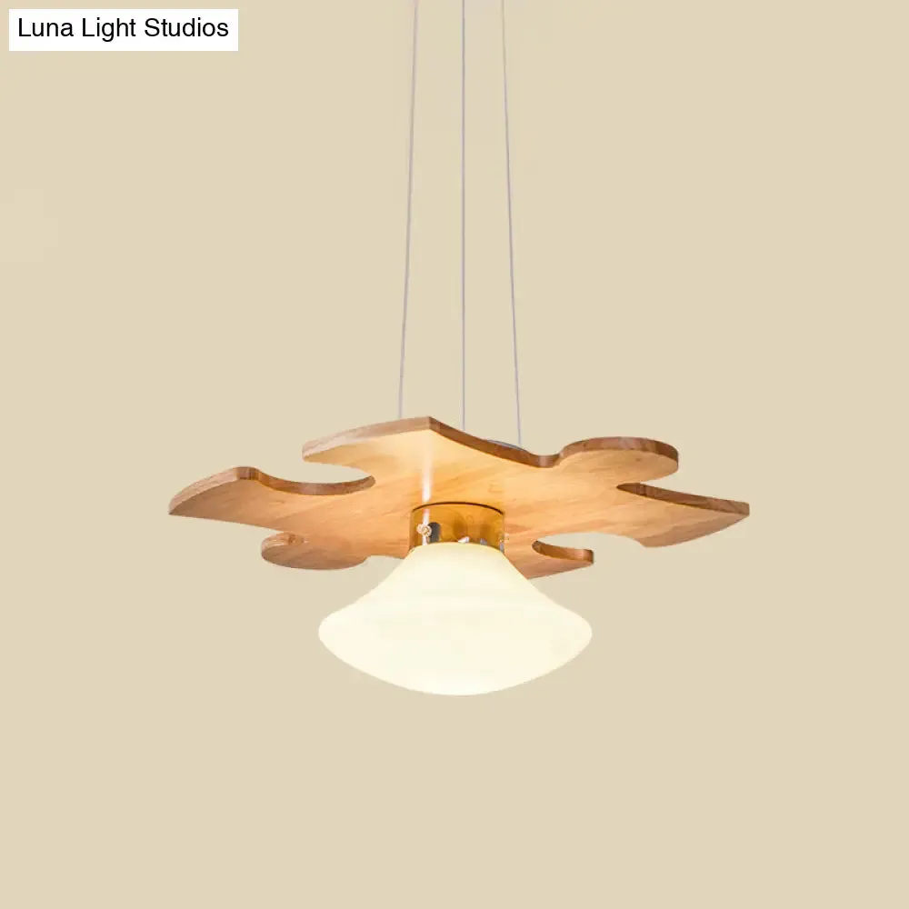 Suspension Light with Modern Wood Jigsaw Puzzle Design - Mushroom Cream Glass Shade