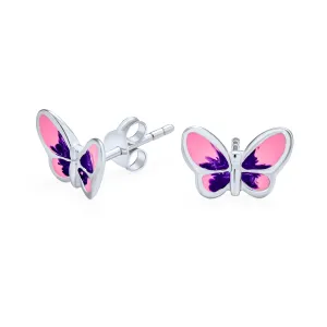 Tiny Purple Pink Butterfly Stud Earrings in Sterling Silver for Summer Garden