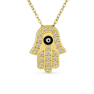 Turkish Evil Eye Hamsa Hand Pendant Necklace 14K Gold Plated Cubic Zirconia