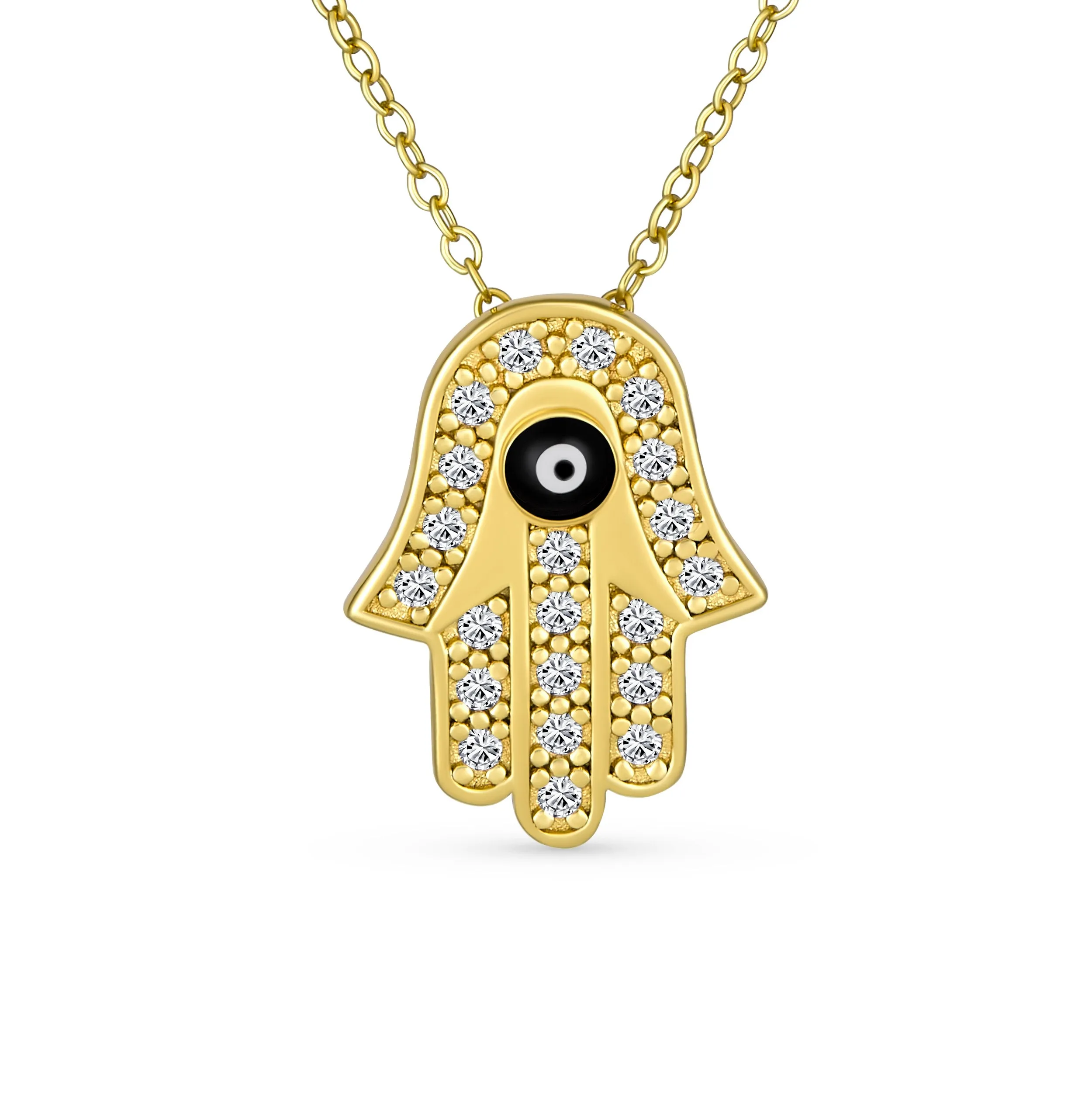 Turkish Evil Eye Hamsa Hand Pendant Necklace 14K Gold Plated Cubic Zirconia