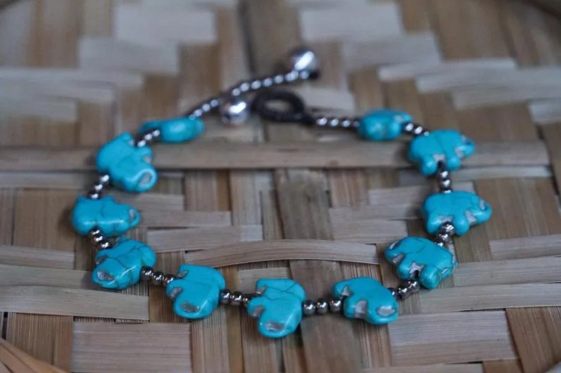 Turquoise Elephant Boho Silver Anklet