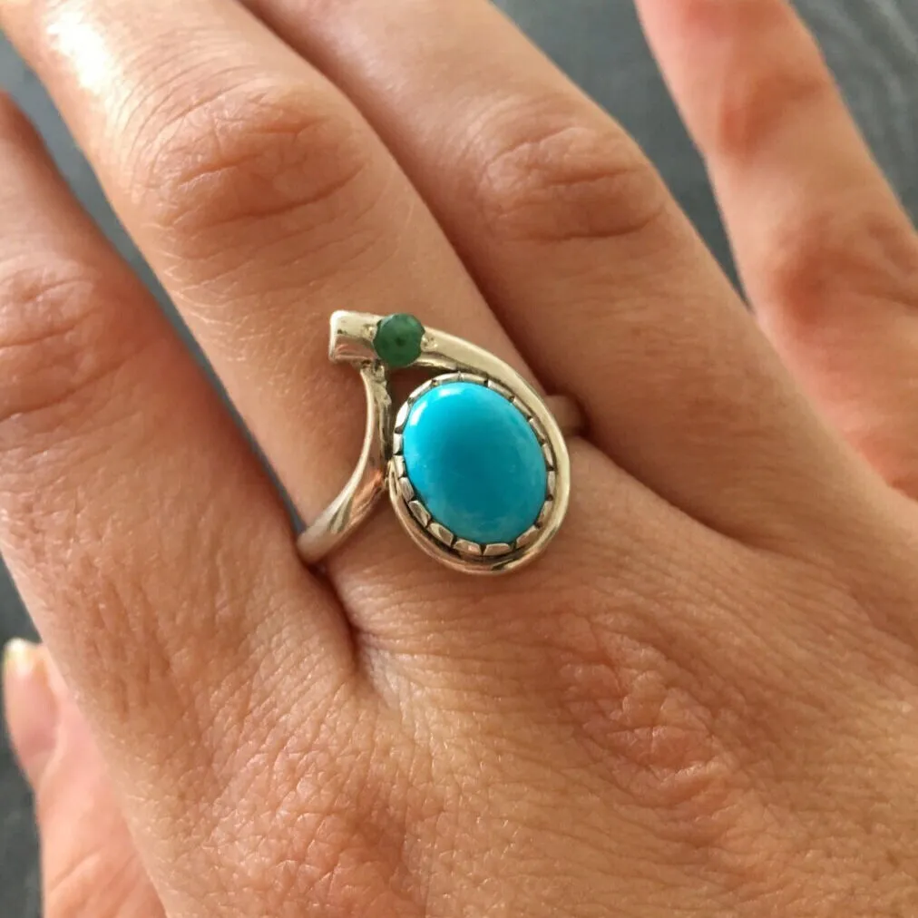 Turquoise Ring - Natural Emerald Ring - Blue Teardrop Ring