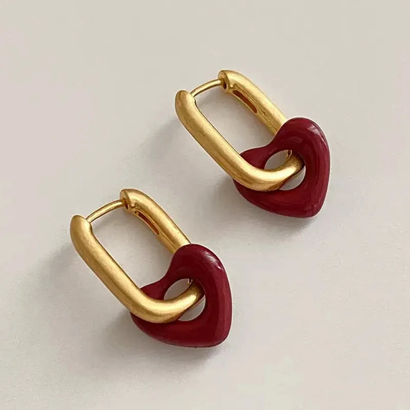 VAIGE Dazzling Red Heart Square Hoop Gold Earrings