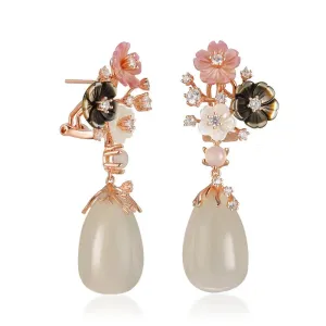 Vintage Natural Chalcedony Shell Flower Earrings