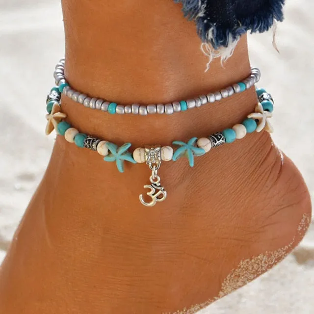 Vintage Style Shell Beads Starfish Anchor for Women Multi Layer Anklet Leg Bracelet Handmade Bohemian Summer Jewelry