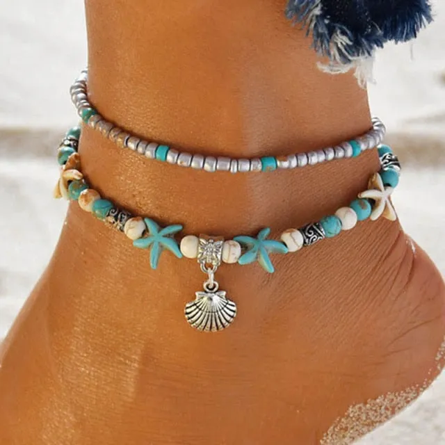 Vintage Style Shell Beads Starfish Anchor for Women Multi Layer Anklet Leg Bracelet Handmade Bohemian Summer Jewelry