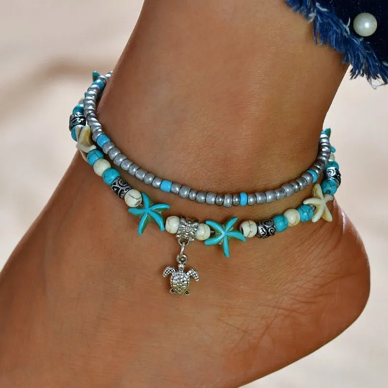 Vintage Style Shell Beads Starfish Anchor for Women Multi Layer Anklet Leg Bracelet Handmade Bohemian Summer Jewelry