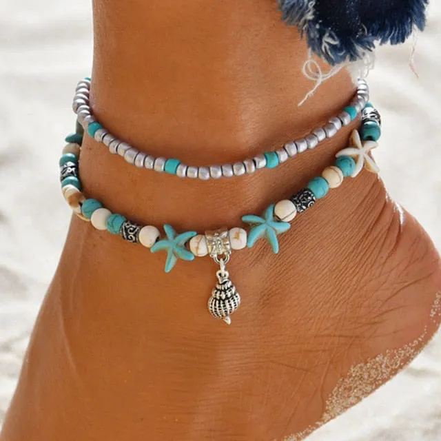 Vintage Style Shell Beads Starfish Anchor for Women Multi Layer Anklet Leg Bracelet Handmade Bohemian Summer Jewelry