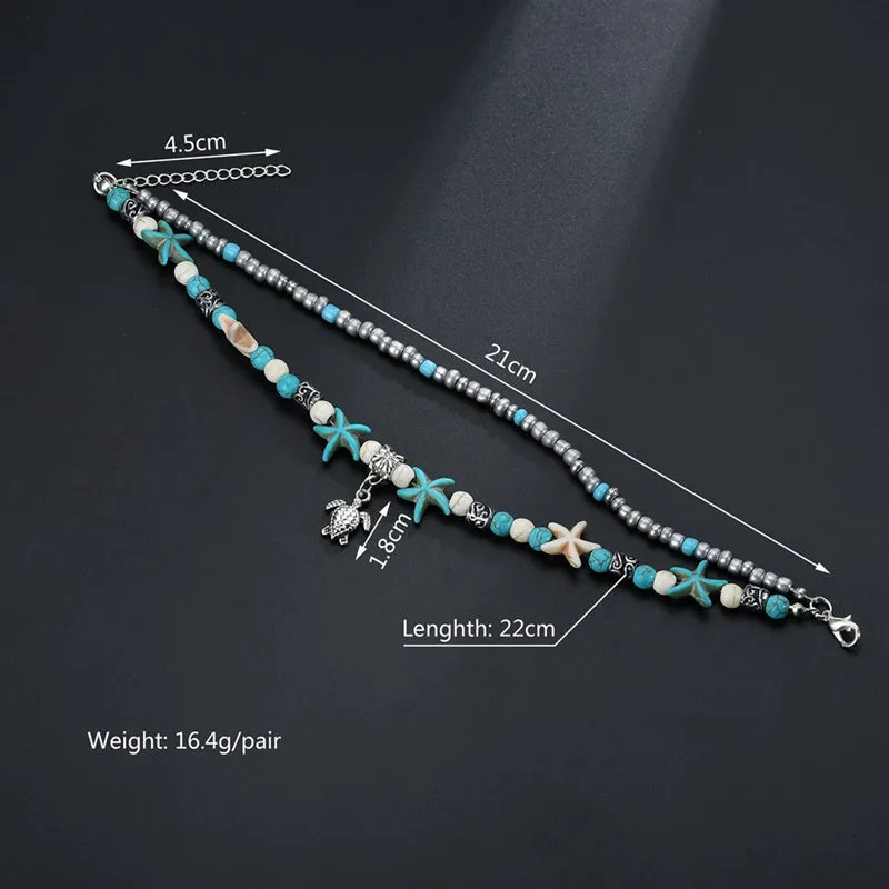 Vintage Style Shell Beads Starfish Anchor for Women Multi Layer Anklet Leg Bracelet Handmade Bohemian Summer Jewelry