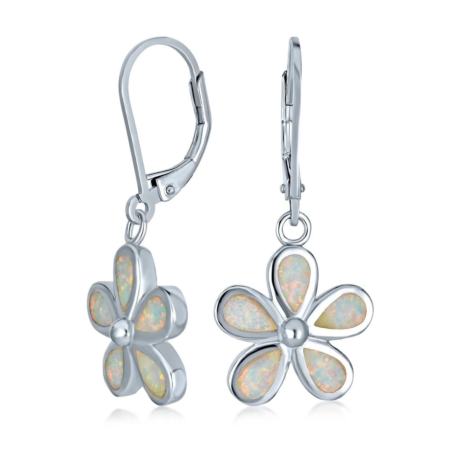 White Plumeria Flower Opal Dangle Gemstone Earrings Sterling Silver Lever Back